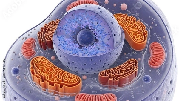Obraz A diagram of a eukaryotic cell showing its main components: the Nucleus (containing DNA) and several Mitochondria (the powerhouses).