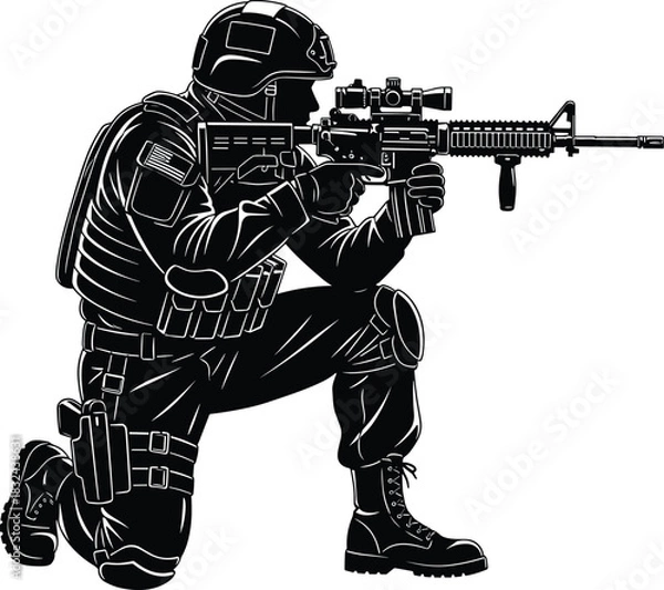 Obraz Detailed Black Silhouette Vector of a Military Soldier or SWAT Officer Kneeling and Aiming a Tactical Rifle with Scope, Perfect for Security, War, and Strategy Graphics