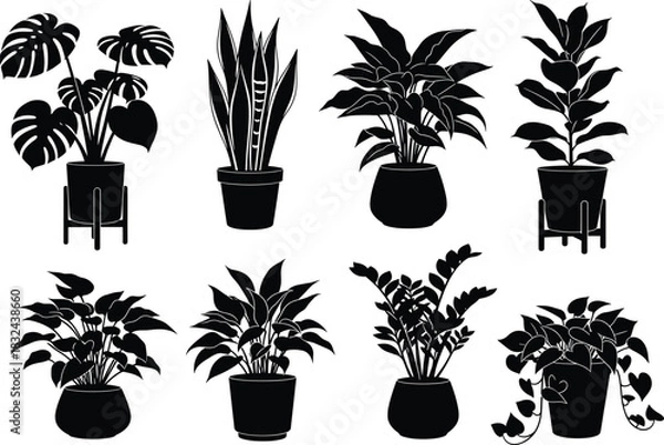 Obraz Silhouette collection of indoor potted houseplants with diverse leaf shapes and decorative containers for botanical, minimalist, and modern design themes.