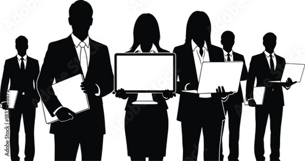 Obraz Silhouette illustration of business professionals holding laptops, tablets, and monitors representing teamwork, technology, and modern corporate digital workplace concepts.