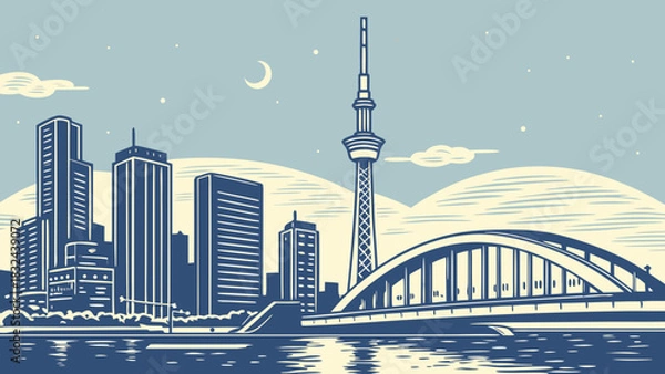 Fototapeta Tokyo skyline vector art features skyscrapers, skytree, and a bridge. Suitable for website banners, travel brochures, and citythemed designs.