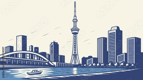 Fototapeta Tokyo skyline vector art with skytree, bridge, boat. Suitable for travel brochures, website banners, and cityscapethemed designs.