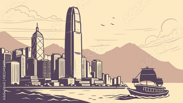 Fototapeta Hong kong skyline with a traditional junk boat perfect for travel websites, city guides, and promotional materials for hong kong.