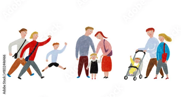 Obraz 手描きイラスト　幼い子供のいる家族