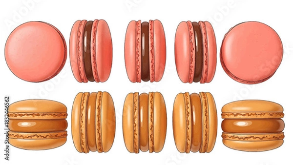 Fototapeta Vector illustration of a set of pink and orange French macaron cookies isolated on transparent background