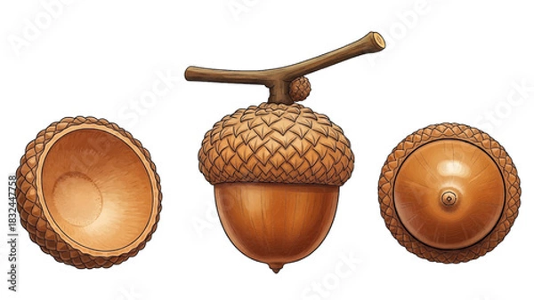 Fototapeta Vector illustration of a realistic brown oak acorn with cap and stem on transparent background