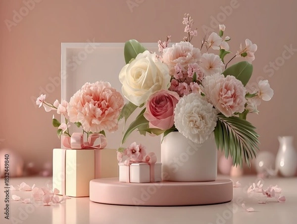 Fototapeta Sweet Romantic Display with Floral Bouquets, Gift Boxes, and Circular Platform on Pink Matte Background