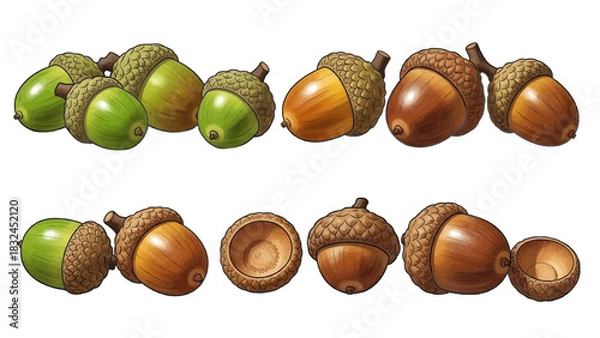 Fototapeta Vector illustration of a set of acorns ripening from green to brown on a transparent background