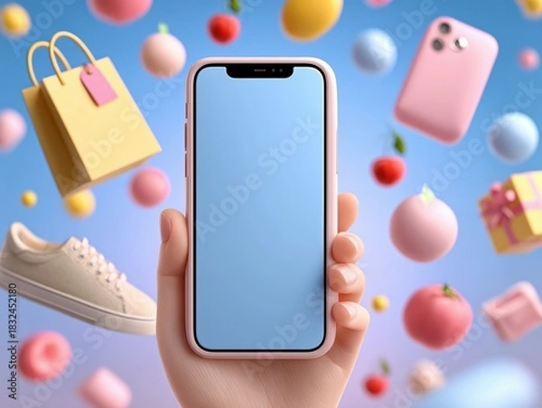 Fototapeta Lively E-commerce Shopping Scene 3D Render of Hand Holding Smartphone with Floating Mini Shopping Items