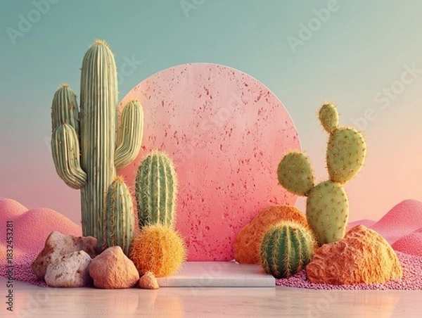 Obraz Gentle Desert Themed Still Life with Pink Circle, Sand Dunes, Cacti and White Platform, 3D Rendered Scene