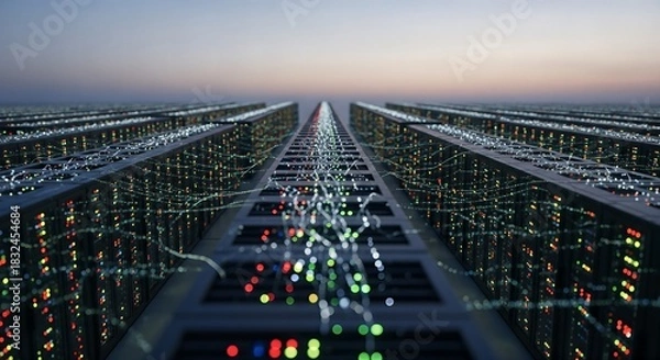 Fototapeta Data Center Server Racks with Network Cables and LED Indicators, big data analysis