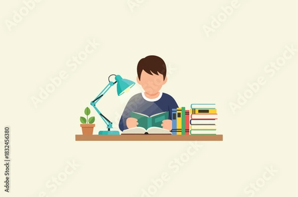 Obraz Flat Vector Illustration: Focused Man Studying at Desk