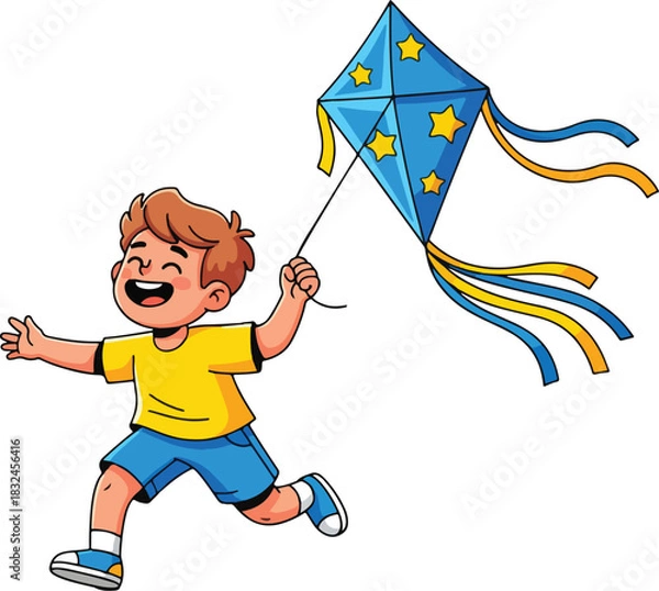 Obraz Flat Vector Illustration: Energetic Boy Flying a Kite