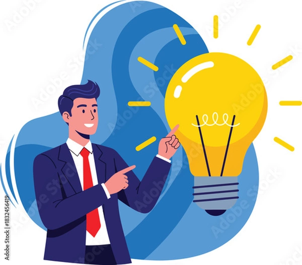 Obraz Flat Vector Illustration: Businessman with a Bright Idea Lightbulb