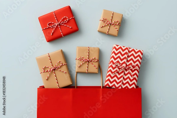 Obraz Stylish gifts overflowing from a vibrant red shopping bag against a serene backdrop, ready for holiday promotions and festive designs, creating joyful anticipation