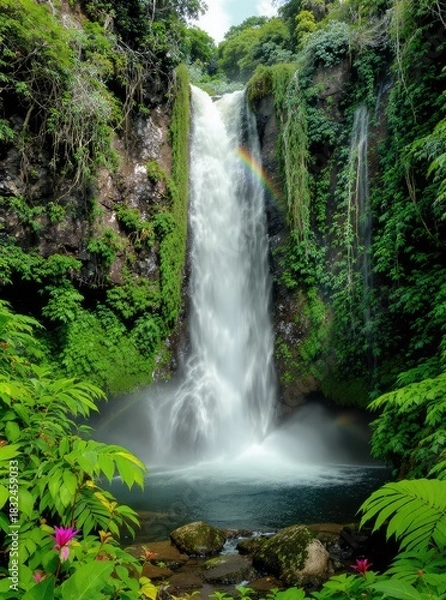Fototapeta Lush waterfall cascading into a tranquil pool, vibrant jungle surrounds
