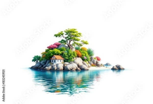 Fototapeta Tiny island paradise with a small house, lush vegetation, and a tranquil reflection