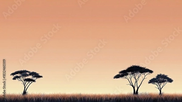 Fototapeta Silhouette of acacia trees on the African savanna at sunset. The sky is a gradient of orange and peach, creating a warm and peaceful atmosphere.