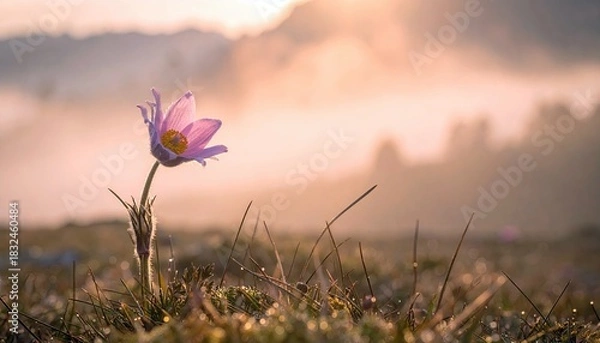 Fototapeta A single purple flower stands tall in a grassy field, illuminated by the warm light of sunrise, with a misty mountain backdrop.