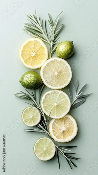 Fototapeta Overhead shot of sliced lemons and limes arranged with fresh herbs on a light green background. The composition is clean and modern, with a focus on fresh ingre