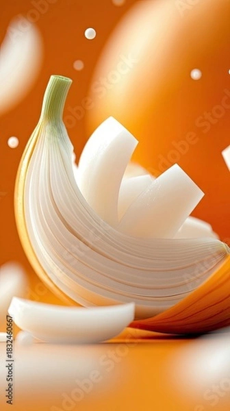 Fototapeta Close-up of a sliced onion with white pieces and an orange background. The image has a clean and modern aesthetic, with a focus on food and culinary themes.