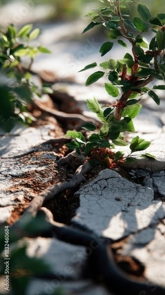 Fototapeta Close-up of a small plant with green leaves growing through cracked, dry ground, illuminated by sunlight.