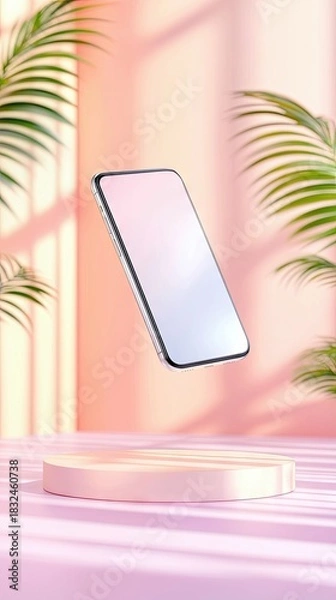 Fototapeta A smartphone hovers above a pink podium, surrounded by palm leaves and shadows, bathed in soft pink light.