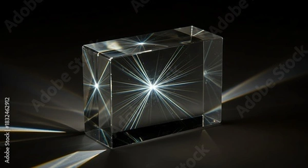 Fototapeta Rectangular clear glass prism refracting light, showcasing starburst effects and sharp shadows