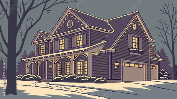 Obraz Old residential building exterior with a wooden roof and brick structure in a winter city setting, featuring a front door and windows