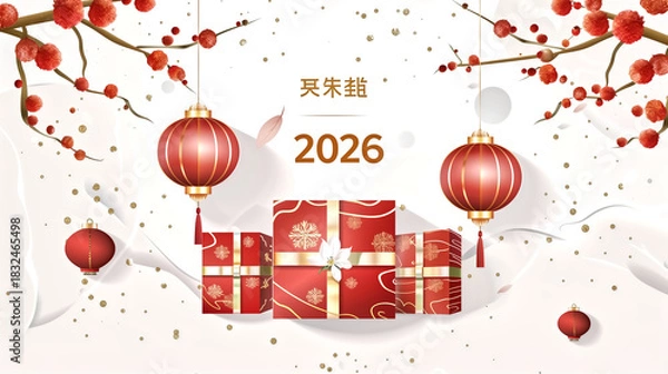 Fototapeta 2026 flat vector style numbers, red and gold gift boxes, lantern
