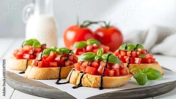 Fototapeta Appetizing close-up of four pieces of classic Italian bruschetta topped with diced tomatoes, fresh basil, and a balsamic glaze on a wooden board.