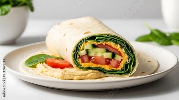 Fototapeta A vibrant vegetable wrap featuring a creamy hummus spread, fresh spinach, sliced cucumbers, and juicy tomatoes, beautifully presented on a white plate.