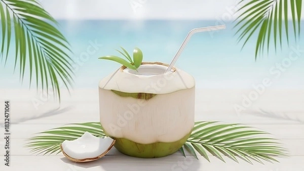Fototapeta A refreshing young green coconut with a straw and a small piece of pulp, set on a white wooden table with palm leaves, against a bright, tropical blue ocean backdrop.
