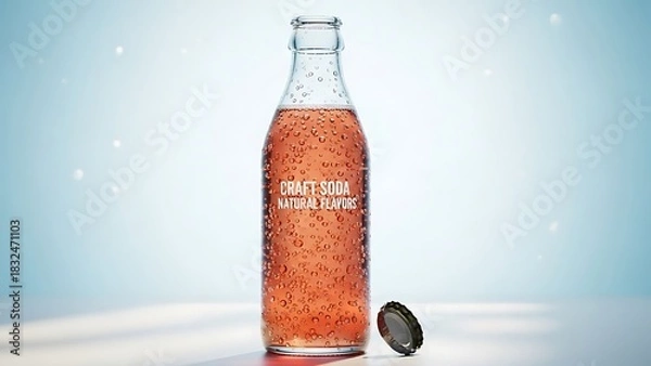 Fototapeta A sweating, clear glass bottle of pink "Craft Soda, Natural Flavors" stands on a bright surface with its cap beside it, featuring condensation and bubbles.