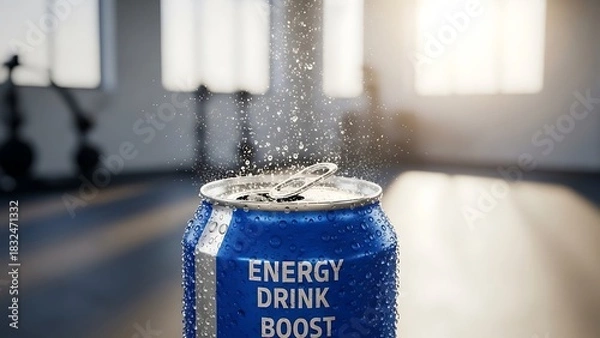 Fototapeta A cold, blue energy drink can with condensation and fizz, open and splashing in a bright gym setting, ready to provide a workout boost.