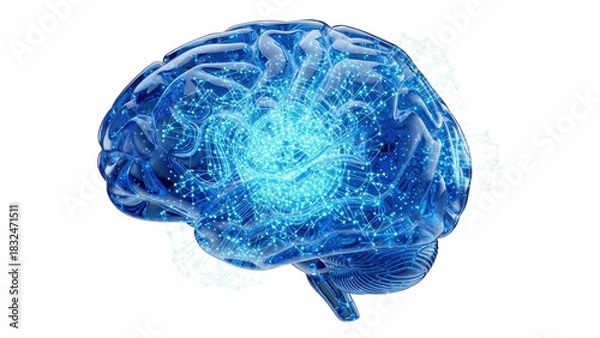 Fototapeta Blue Glass 3D AI Brain with Glowing Connections, isolated on white