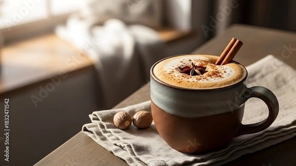 Fototapeta A cozy ceramic mug filled with a latte topped with star anise, cinnamon sticks, and sprinkled with spice, sitting on a napkin by a sunlit window.