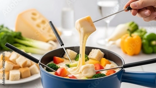 Fototapeta A person dipping a piece of bread into a rich, creamy cheese fondue in a blue pot, creating a long, delicious string of melted cheese, surrounded by vegetables and bread cubes.