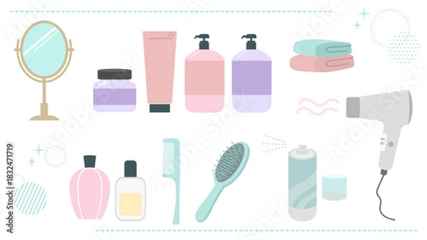 Obraz ヘアケアグッズのイラスト素材セット／卓上ミラー・シャンプー・ドライヤーなど