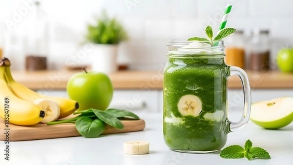Fototapeta A vibrant green detox smoothie made with spinach, banana, and apple in a jar, decorated with mint and a straw, standing on a bright white kitchen counter.