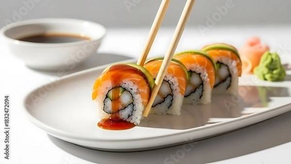 Fototapeta A pair of chopsticks lifts a piece of beautiful sushi roll topped with salmon and avocado, drizzled with a rich sauce, presented on a white plate with wasabi, pickled ginger, and soy sauce.