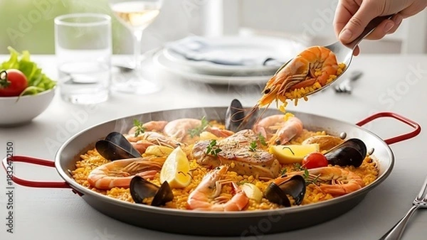 Fototapeta A close-up shot captures a hand serving a large prawn onto a sizzling, vibrant Spanish paella loaded with yellow rice, mussels, prawns, fish, and lemon wedges, set on a bright dining table.