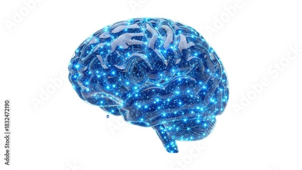 Fototapeta Blue Glass 3D AI Brain with Glowing Connections, isolated on white