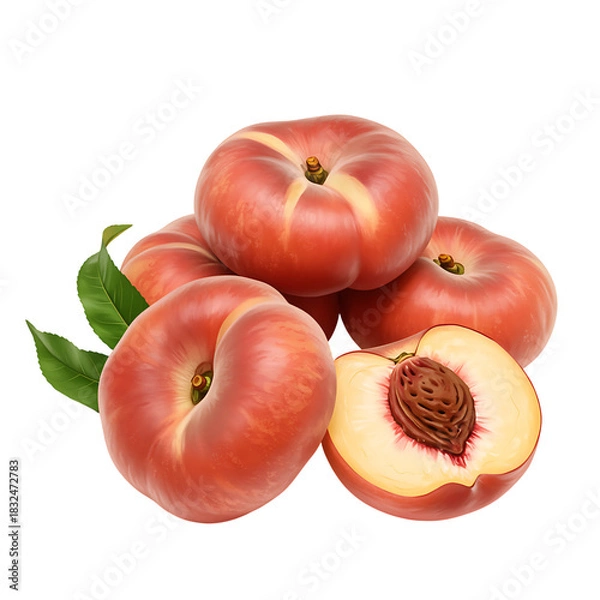 Fototapeta Fresh donut peaches with leaves on a black background illustration