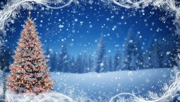 Fototapeta Snowy background features decorated Christmas tree with glowing lights in winter landscape background creating festive serene holiday magic Background Concept