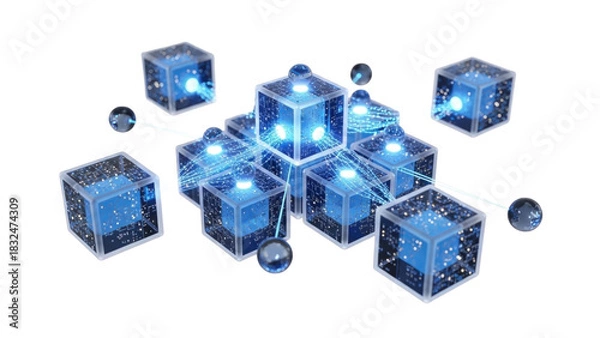 Fototapeta Blue Glass 3D Blockchain Network Visualization, isolated on white