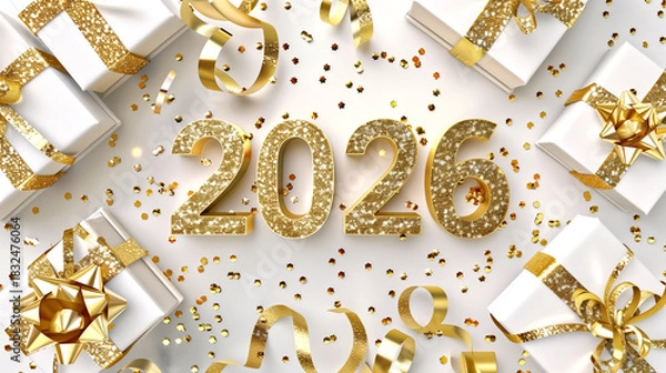 Fototapeta 2026 golden numbers with sparkling highlights, surrounded by lux