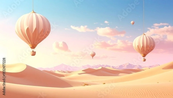 Fototapeta Dreamy desert landscape with pastel hot air balloons floating above sand dunes under a soft sky.