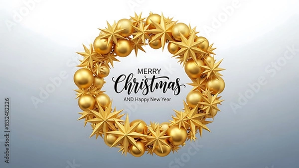 Fototapeta Golden Christmas wreath with star ornaments and text Merry Christmas Happy New Year holiday