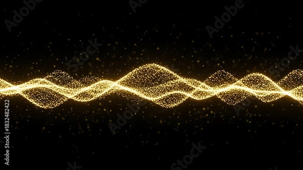 Fototapeta Golden glowing particles forming a wavy line against black background light wave